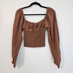 Rhythm Brown Linen Peasant Smocked Square Neck Puff Sleeve Crop Top M